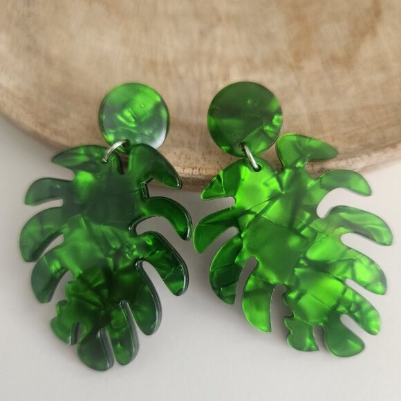 Bundle and Save- Fun Acrylic Monstera Leaf Earrings, New - Picture 3 of 4